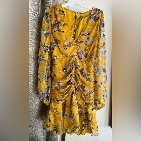 ASOS DESIGN Long Sleeve Mini Dress Yellow Floral Print Sequin Silver Sz 8 NEW - Picture 3 of 16